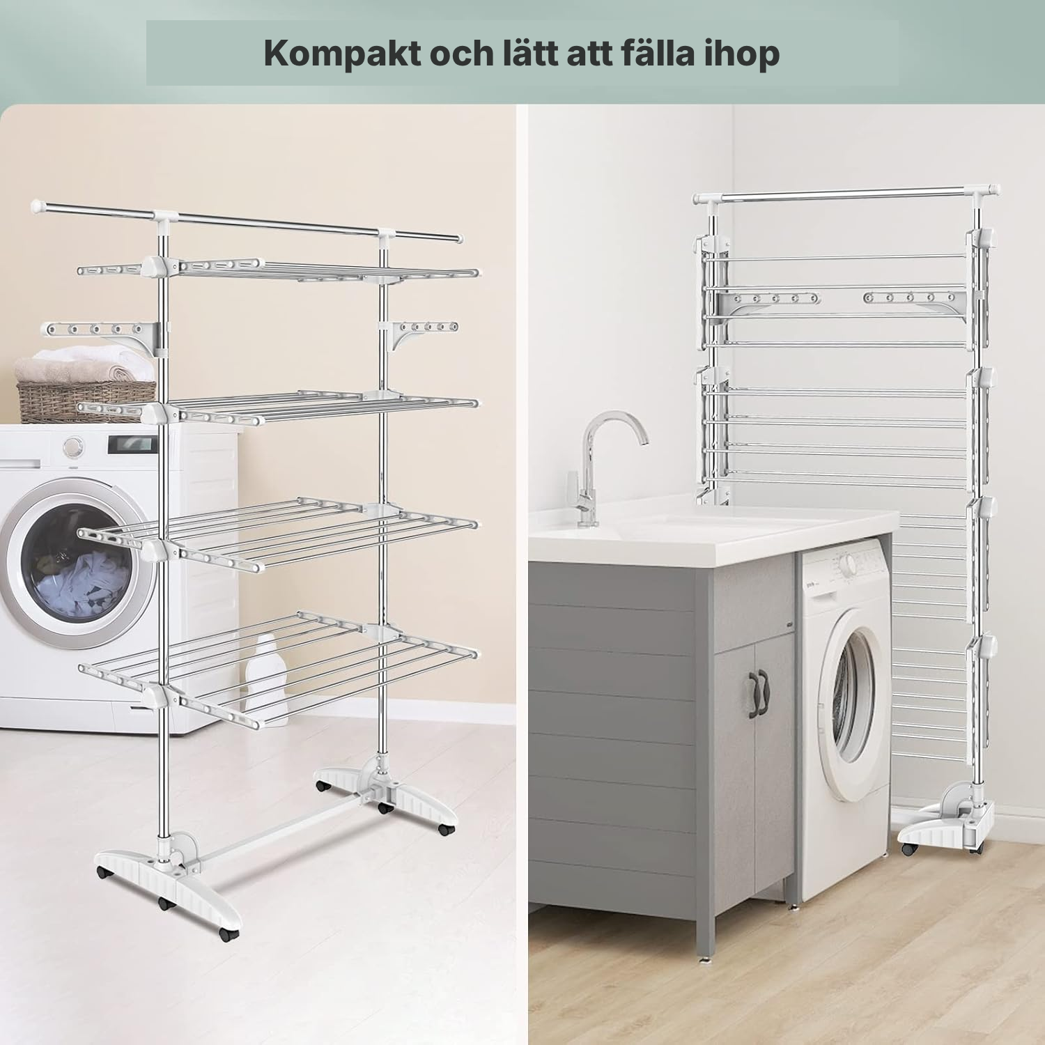 Torkställning 4 plan vit med hjul och förlängd stång — 4