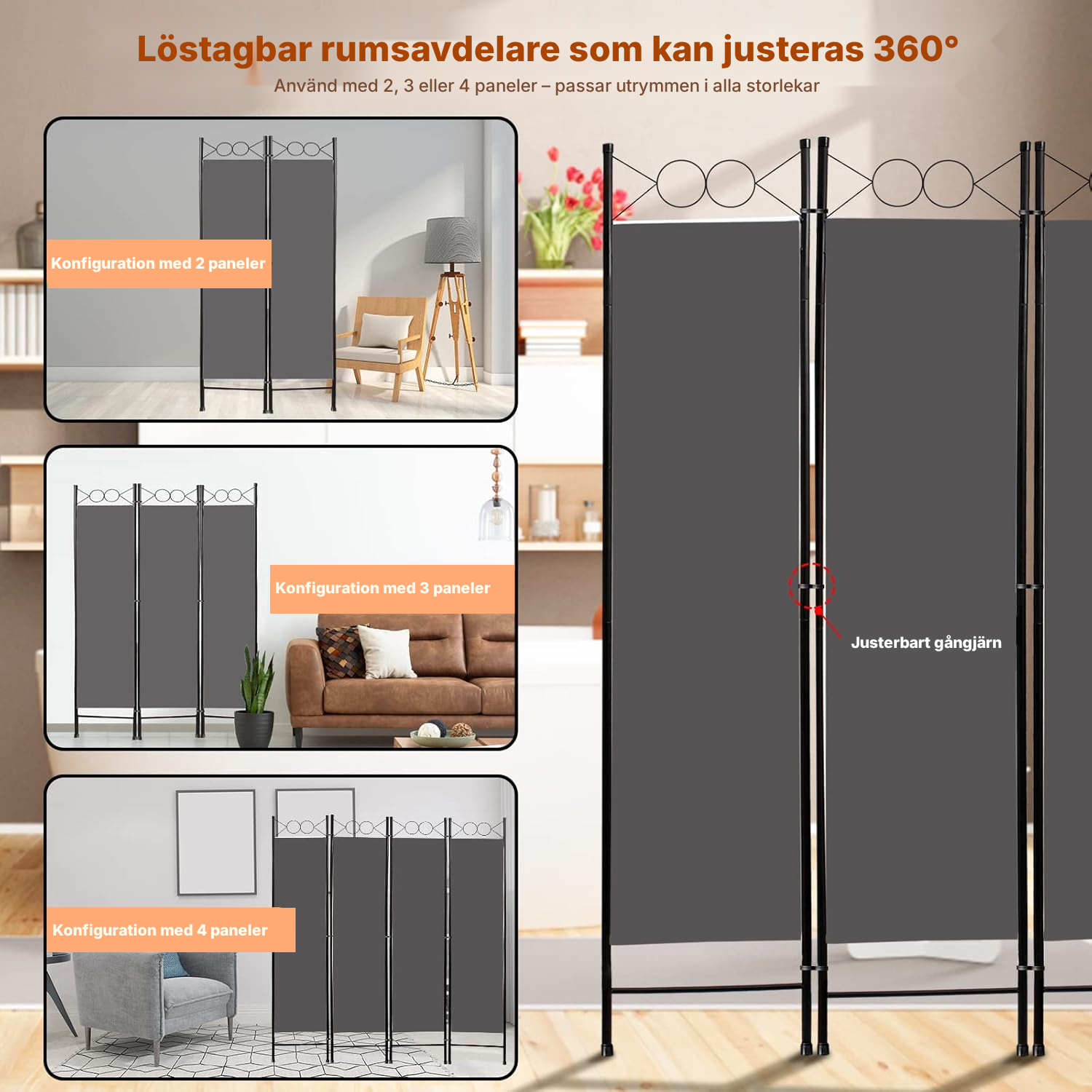 Vikbar rumsavdelare grå — 4 paneler — 3