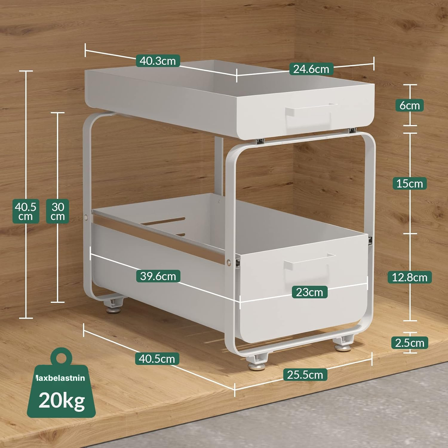 Vit köksförvaring 2 nivåer under diskbänk 44,3×27,5×19,8 cm — 2