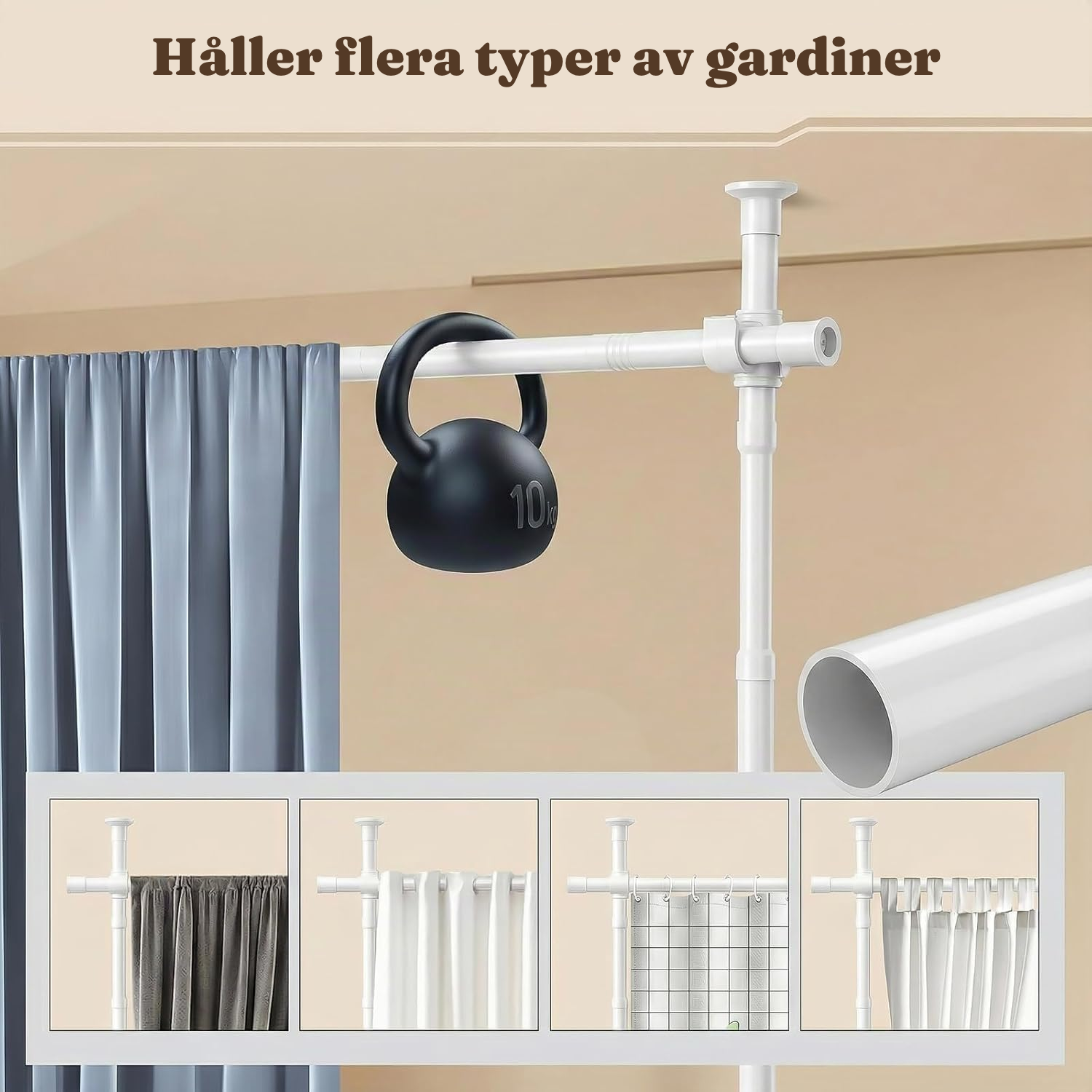 Vit spännstång gardin – rumsavdelare utan borrning — 5