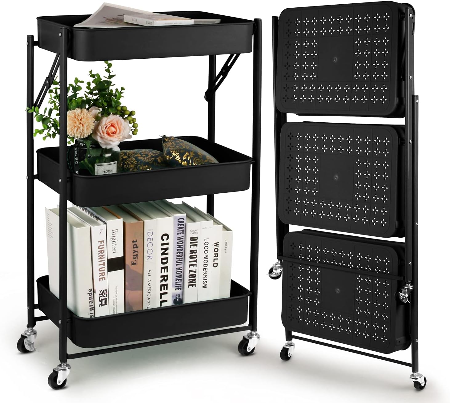 Foldable Trolley, 3-Tier Black Storage Cart