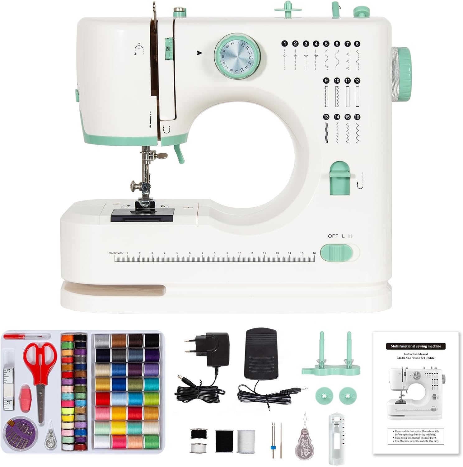 Compact Sewing Machine, 30 cm, 16 Stitches with Foot Pedal