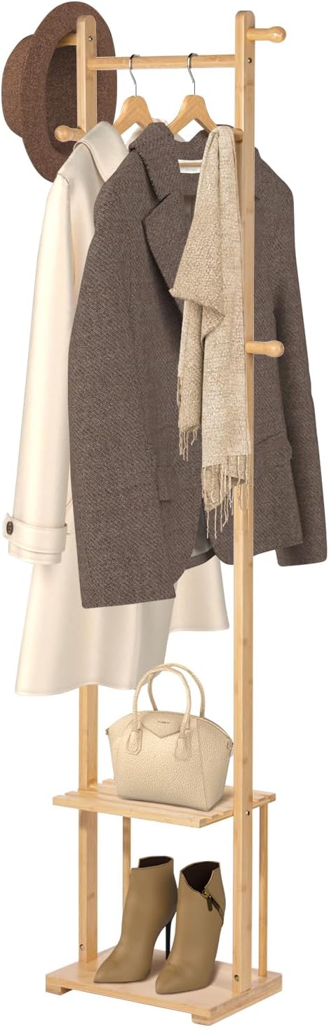 Bamboo Coat Rack with 2 Shelves – Natural Wood