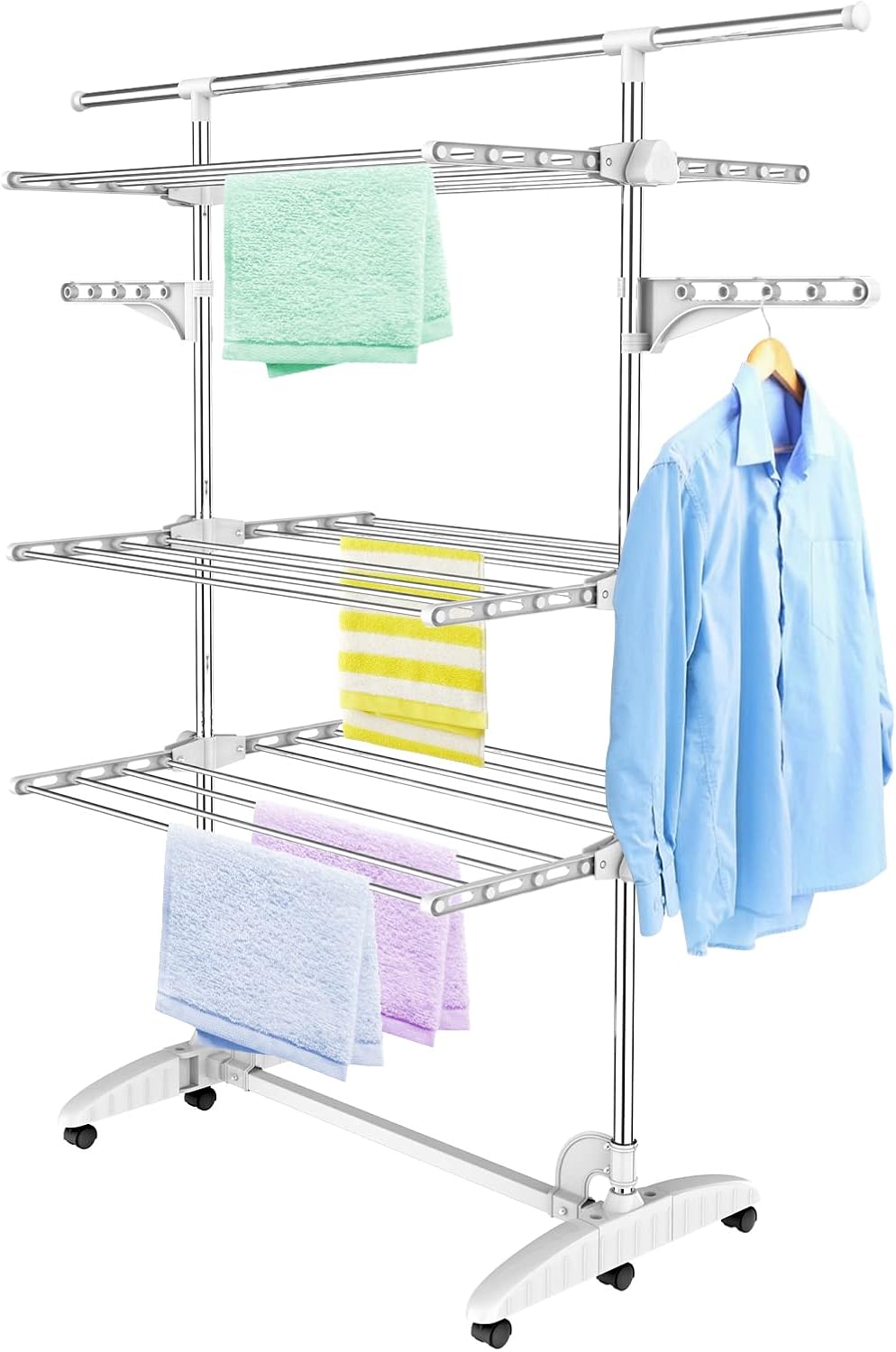 Clothes Horse Airer, White 3-Tier Wheeled Rack