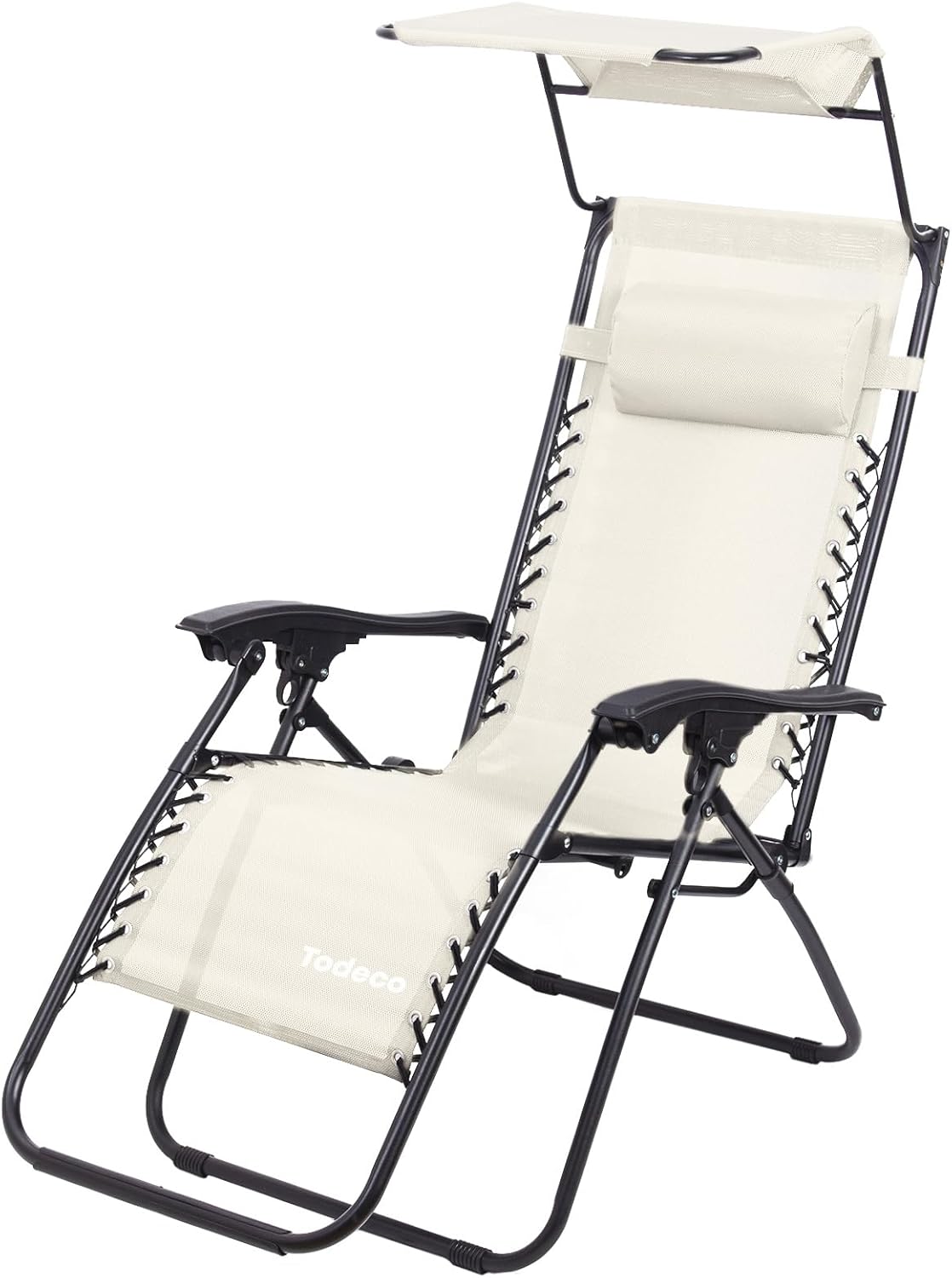 Beige Folding Sun Lounger, 110 cm, with Adjustable Sunshade