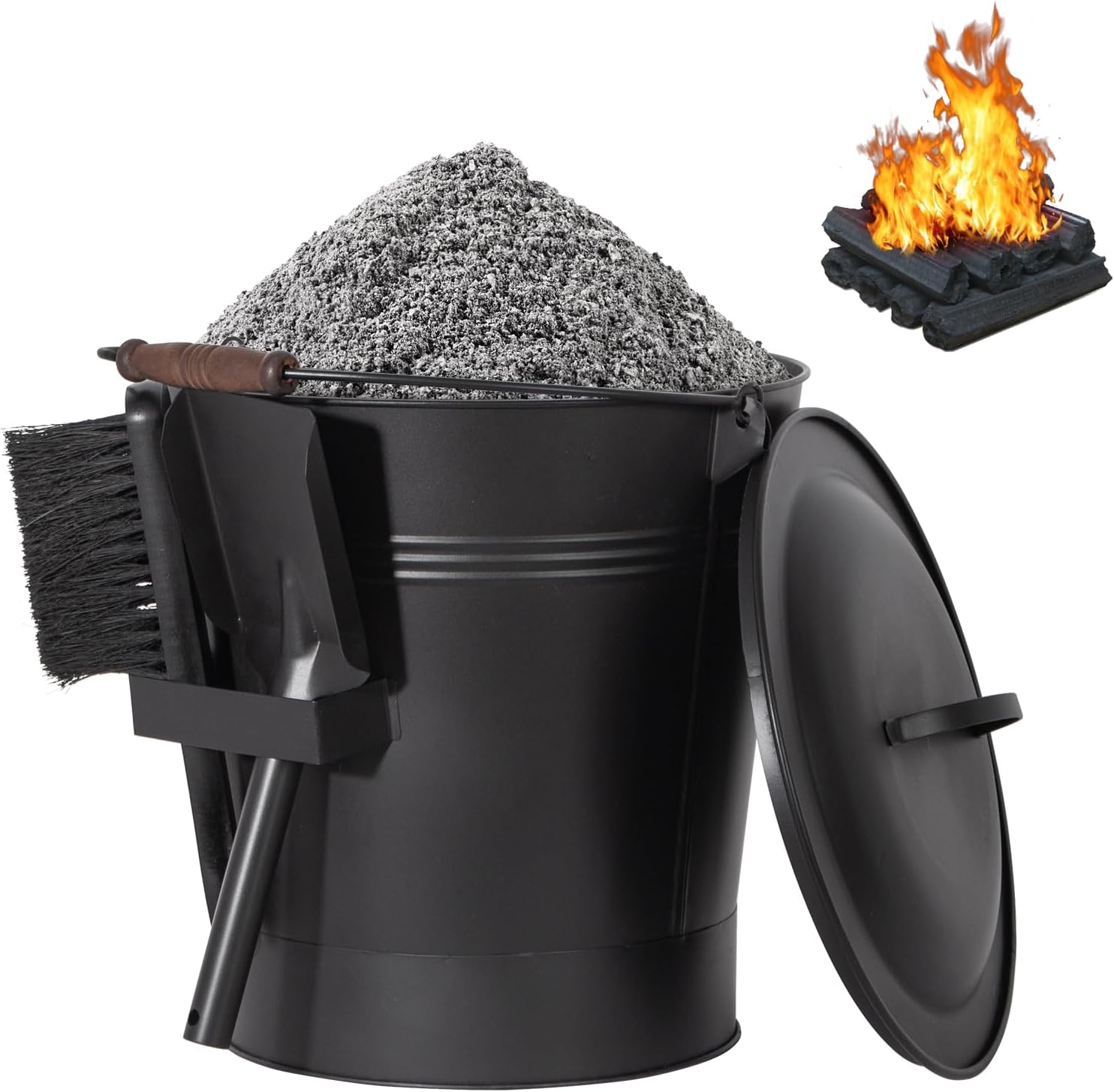 24L Ash Bucket with Lid, Shovel & Brush — 3 mm Steel