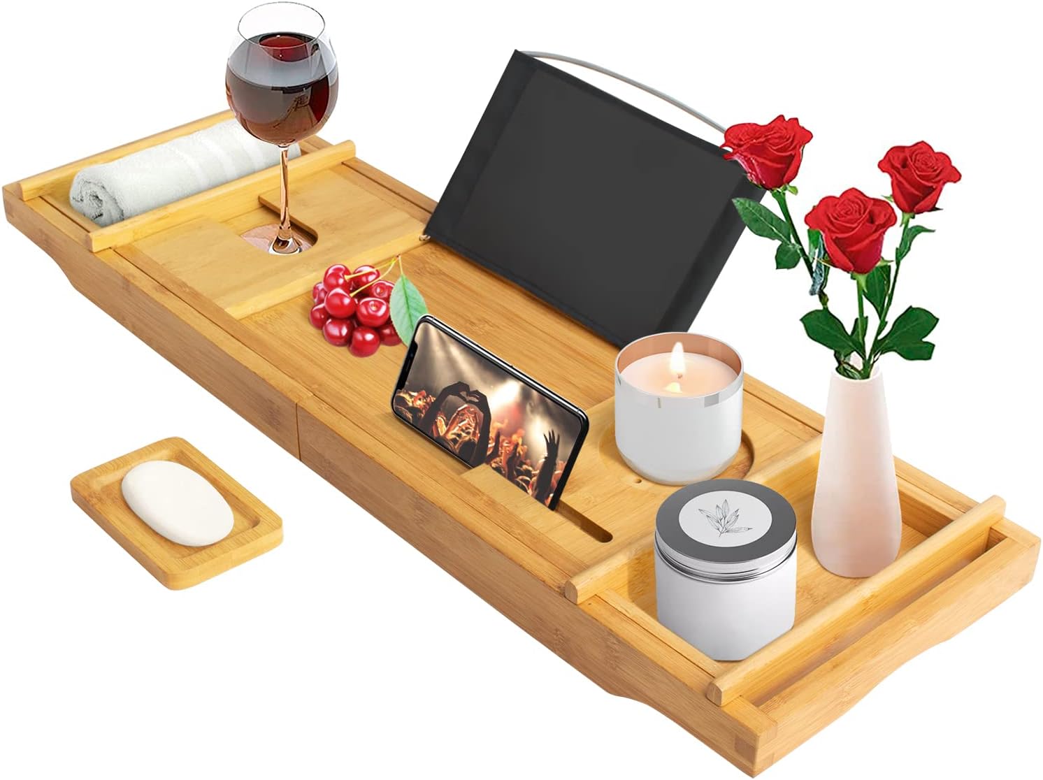 Bamboo Bathtub Shelf, Extendable 74,5–109 cm