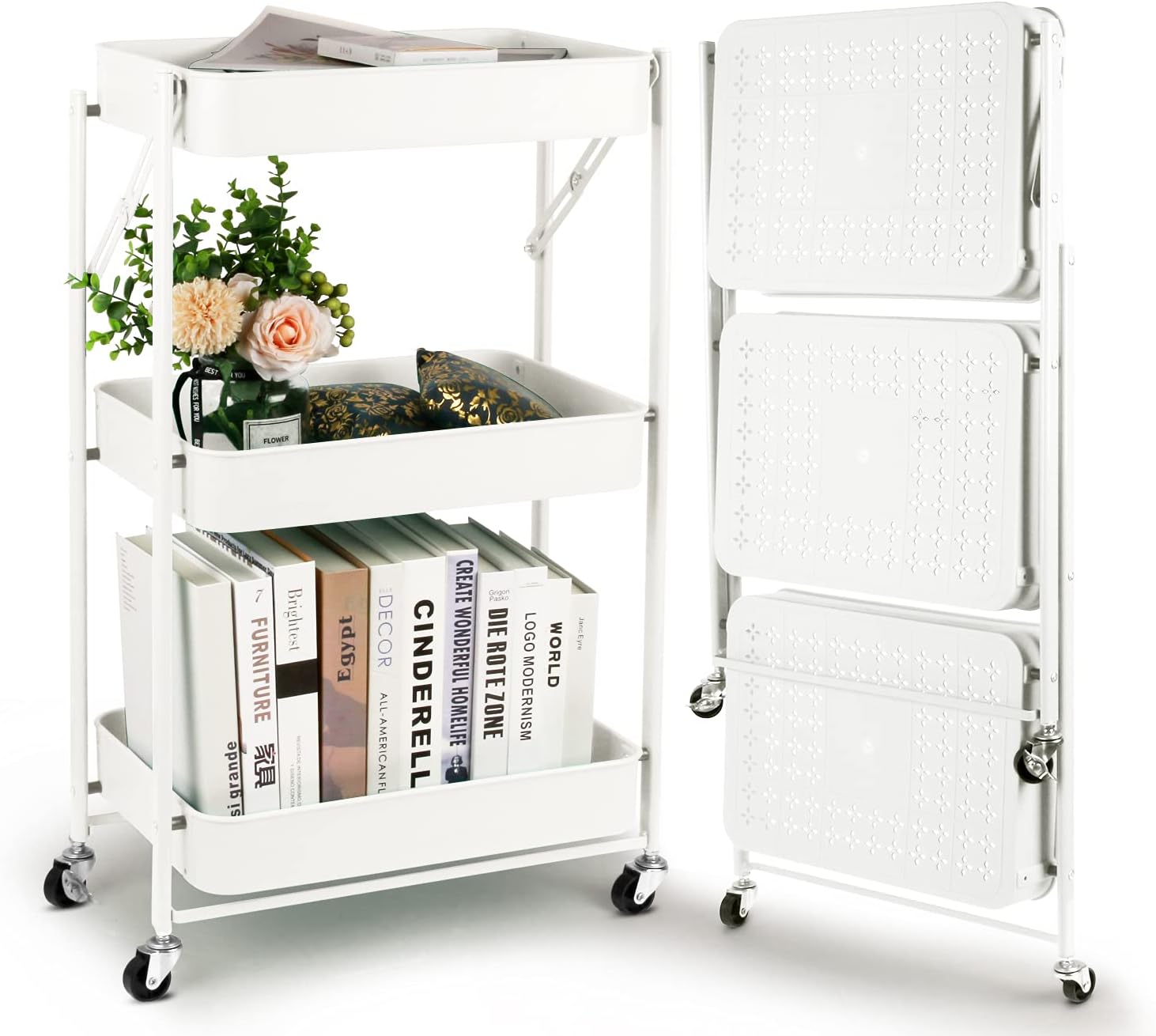 Kitchen Trolley, Foldable White 3-Tier Storage